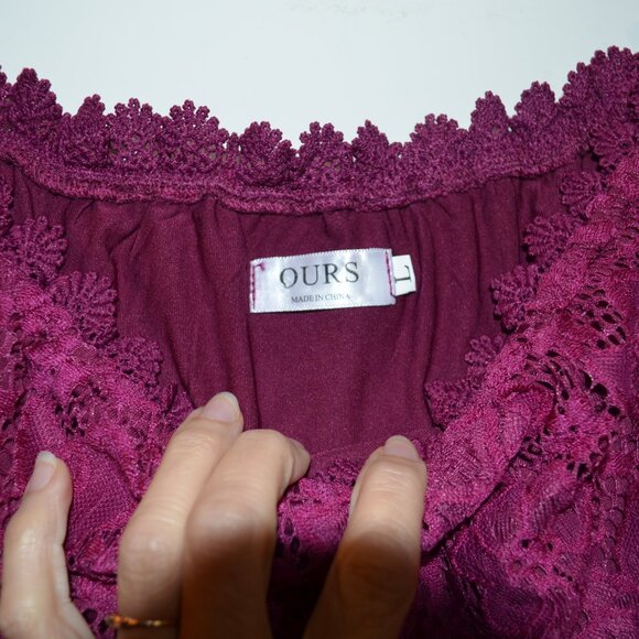 OURS Wine Red Lace Floral Open Shoulders Bohemian Style Silky Lining Blouse L - Picture 4 of 10